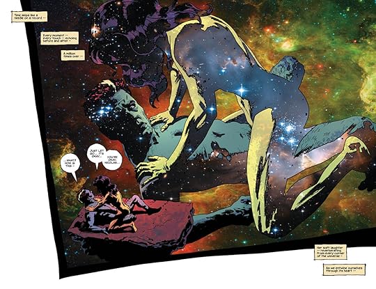 image of man and woman floating among stars