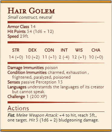 Hair Golem Stats generated by Homebrewery.Naturalcrit