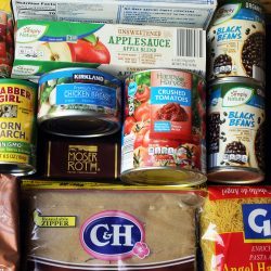 flatlay of pantry groceries
