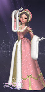 Romy in an elaborate pink gown with gold accents, fur trim, and a matching pink crown-like headdress