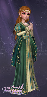 Romy in a regal green dress and gold circlet over long red hair