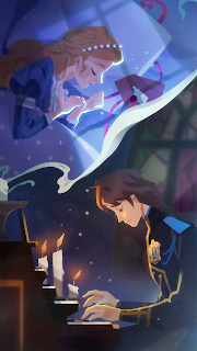 Romy sleeps as Laurence plays her a song in the dim candlelight of the church