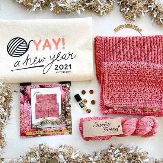 YarnYAY! by Vickie Howell January Box featuring HiKoo Squeno Tweed, Black Dahlia Lacquer Cuticle Oil, Skacel Buttons, Tote Bag