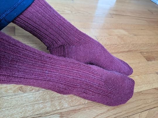 A photo of wool socks dyed with pokeberries