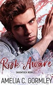 Cover for Risk Aware by Amelia C. Gormley shows a young sandy haired man against a paint splattered background