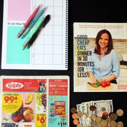 flatlay of planner cookbook grocery ad and money