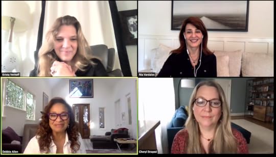 Zoom window of panelists Krista Vernoff, Debbie Allen, Cheryl Strayed, Nia Vardalos
