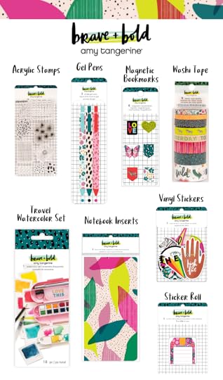 Amy Tangerine’s Newest Collection - Brave and Bold! Brand new and improved Amy Tangerine Travel Watercolor Kit, travelers notebook inserts, vinyl stickers, magnetic bookmarks, acrylic stamps and gel pens.