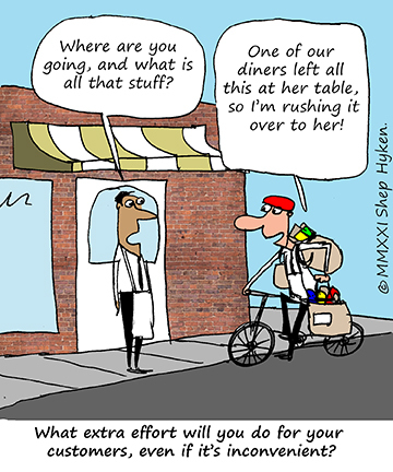 A waiter outside of a restaurant rushes items to a customer that left them behind