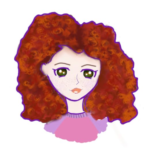 I drew Iris as a cartoon character, basically head and shoulders. She has red curly hair, anime eyes, and she's wearing a purple and pink shirt. She's outlined in purple.