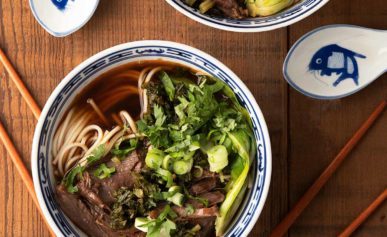 Two bowls of Taiwanese beef noodle soup