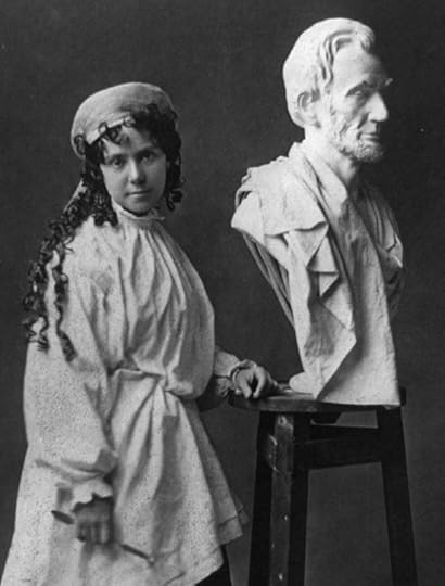 Vinnie Ream standing beside her bust of Abraham Lincoln