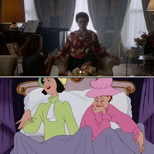 The outstretched hand of the stepsister is reflected in Princess Margaret’s outstretched hand for a manicure, as she (along with all the other royal women) wait to hear whether Charles proposed or not. Although Margaret isn’t as unpleasant as the stepsisters, she ultimately loses the spotlight to the pretty and popular Cinderella/Diana, as is noted later in the season.