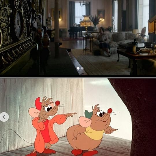 The mouse that launched a thousand tweets runs across the foreground as the Queen Mother waits for word on Charles’s proposal. Benjamin Caron really did confirm in the comments of this post that the placement was intentional. Then you have Jaq and Gus Gus from Cinderella.