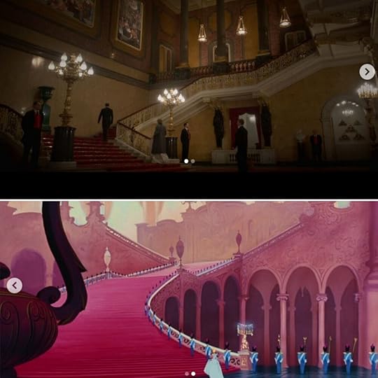 Diana goes up the staircase at Buckingham Palace to meet Prince Charles’s family for a formal dinner (notably wearing a dress that’s blue, white, and yellow plaid) vs. Cinderella begins her walk up the staircase to the ball at the castle.