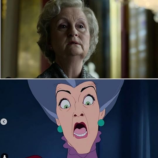 Diana’s grandmother giving her princess lessons (which, as i mentioned in my previous blog on this episode , did NOT happen in real life) vs. the stepmother Lady Tremaine in Cinderella. It seems that Diana didn’t get along with this grandmother for quite some time (she testified against Diana’s mother getting custody in her parents’ divorce), so this reference seems pretty apt actually. Also why does Lady Tremaine’s dress kind of resemble the pie crust collars Diana wears several times in this episode?