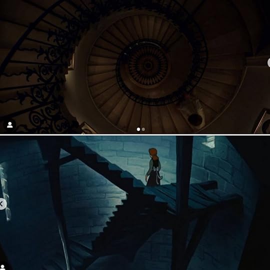 Diana running down the spiral stairs in the palace vs. Cinderella going down the spiral-ish stairs from her bedroom to the main house.