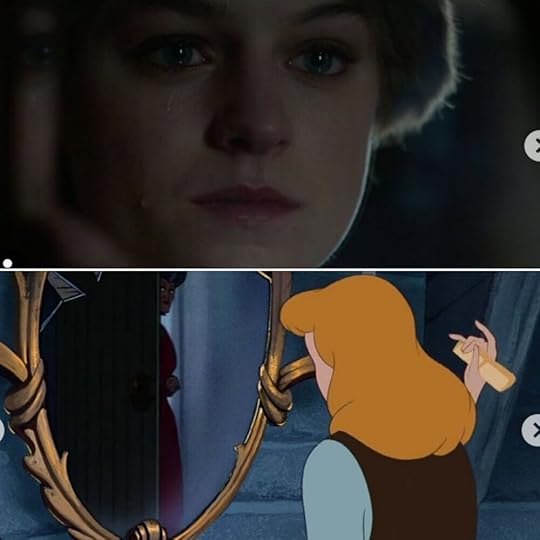 Diana staring in her mirror in despair vs. Cinderella looking in her mirror.