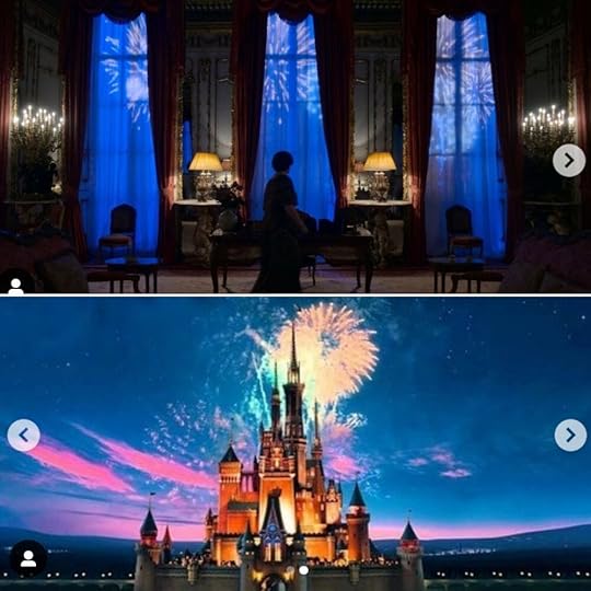 The fireworks around the palace in The Crown vs. the fireworks outside a digital recreation of Cinderella’s castle at Walt Disney World, as seen in the logo before each Disney film.