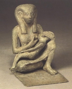 A copper image from the Middle Kingdom now in Berlin; an inscriptions identifies it as Isis nursing Horus