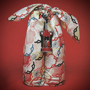 Sake bottles wrapped in Japanese furoshiki