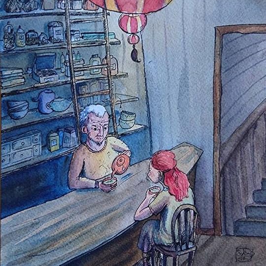 Colored pencil drawing in a cute, charming style, of Hirka and Lindri in his teahouse.