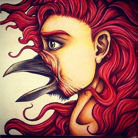 Drawing in a dramatic style, showing a readhead with her face being disturbingly transformed into a raven’s beak.
