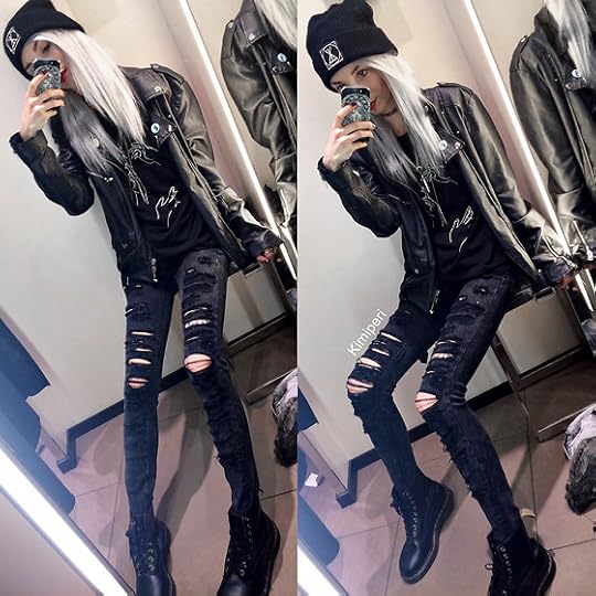 Kimi Peri - Zara Ripped Jeans, Dr. Martens Vegan Boots, Unif Americana Moto Jacket, Long Clothing Logo Beanie - Black on Black | LOOKBOOK