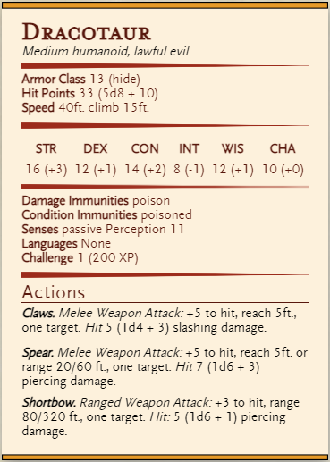 Dracotaur Stat block generated on Homebrewery