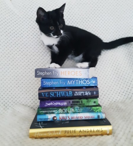 Black and white kitten standing stack of books