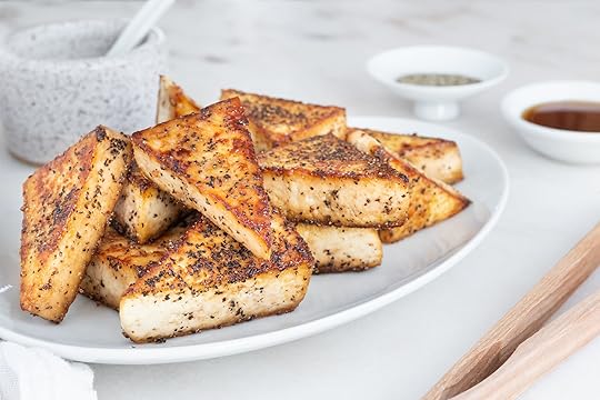 Sweet & Salty Tofu Triangles Served in a Dish Close Up