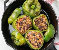 Green Stuffed Peppers on an Iron Cast Skillet