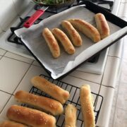 hot dog buns cooling on kitchen counter