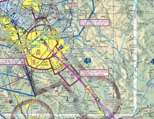 VFR map for arrival to San Jose. The map shows things you look for with your eyeballs, like mountains, towers, roads, and power lines.