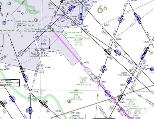IFR map for arrival at San Jose. The maps shows airways, navigational waypoints, and navigational frequencies.