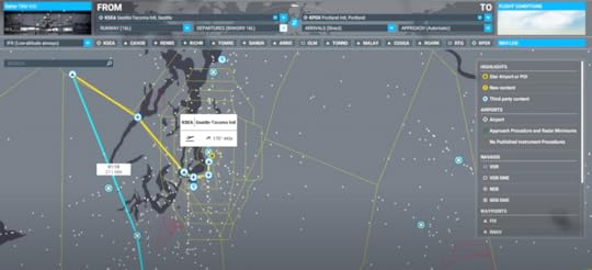 Planning an IFR departure from Seattle. The SID is the yellow line. The one selected, which takes me far to the west, doesn’t make sense for a south flight to Portland. The enroute portion of the flight is the blue line.