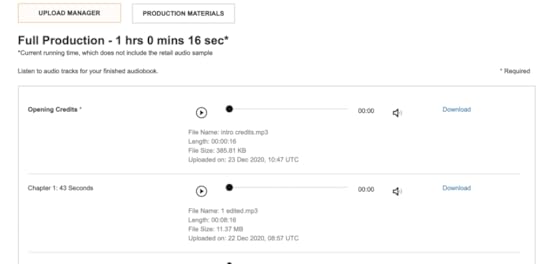 ACX production screen. As the narrator completes and uploads each chapter, the author reviews them and provides approval or requested changes.