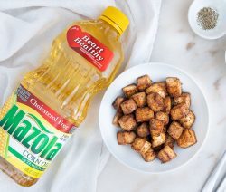 Super Simple Air Fried Tofu with Bottle of Mazola Canola OIl