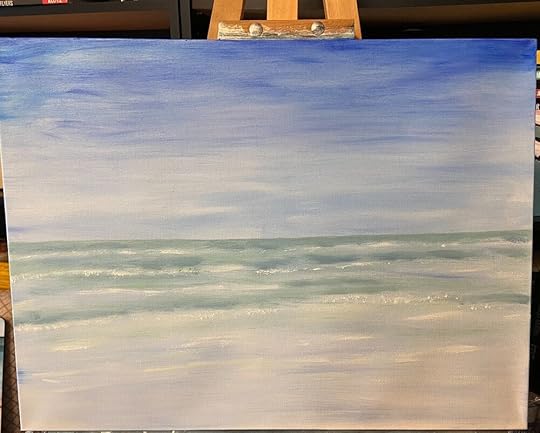 In progress. The light in the room is not doing this painting much justice. I find it very soothing, the colours are calming. Still need to add a sandy beach along the bottom. Maybe a few more clouds.