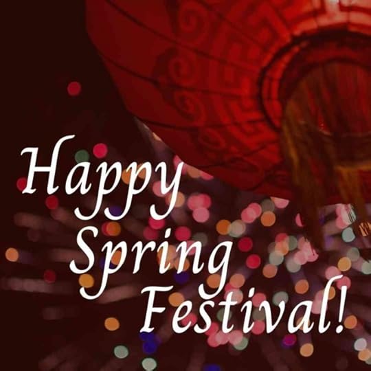Happy Spring Festival! written over an image of a large red lantern and a bunch of multicolored lights.