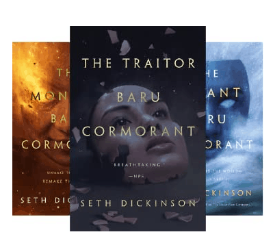 Ebook cover images of the Masquerade series books 1-3 by Seth Dickinson (The Traitor Baru Cormorant, The Monster Baru Cormorant, The Tyrant Baru Cormorant)