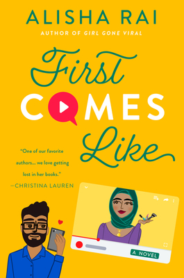 Mustard yellow illustrated cover. A bearded Indian man looks at his phone on the left and a Desi woman in a hijab is on a screen on the right.