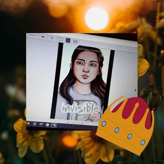 Ebook cover of Invisible on a computer screen over a background of flowers. A gold and red crown sits in the foreground.