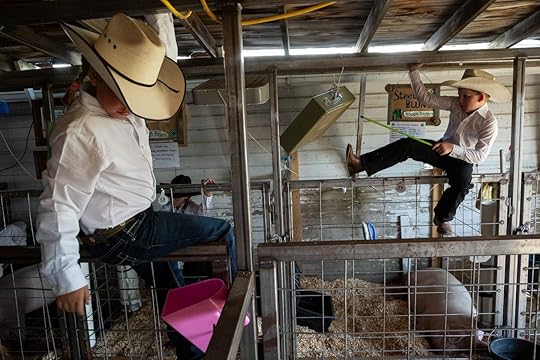 boys in cowboy hats playing along the fences of an indoor pig pen