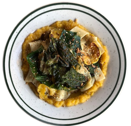 Squash Pasta Handmade semolina-egg pappardelle, acorn and delicata squash, collard greens, brown butter, sunflower dukkah.