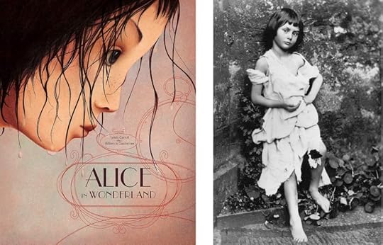 Слева: Обложка книги "Алиса в Стране чудес", проиллюстрированная Ребеккой Даутремер. Справа: Льюис Кэрролл. Алиса Лидделл в образе нищенки, 1858.