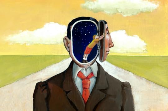 Image: painting of a man whose face has opened like a door to reveal the child he used to be