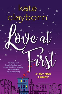 Illustrated cover showing a starry purple night sky and a cityscape with one building in colour (blue) and windows lit up, the other buildings are outlines only. There are love hearts over the top of the lit up building