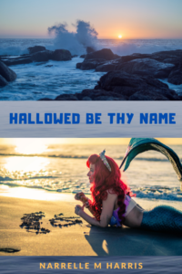 Cover image for the story, showing a rocky beach at the top, a mermaid drawing love hearts in the sand at the bottom, and the title and author name.