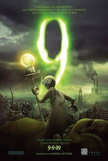 9 Poster - Ragdoll creature with googles looking back towards the audience. He's standing in a post apocalyptic field with rubble and a smoking factory in the distance. The entire poster is lit with a green light.